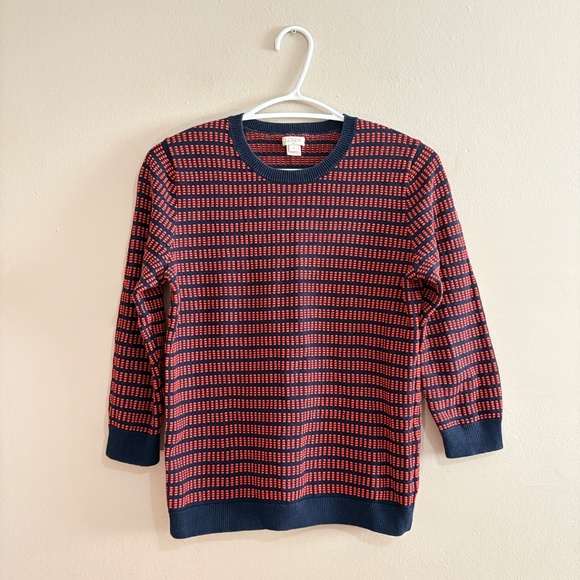 $19❄️ J. Crew Navy & Orange Light Weight Cotton 3/4 Sleeve Crewneck Sweater - Picture 7 of 15